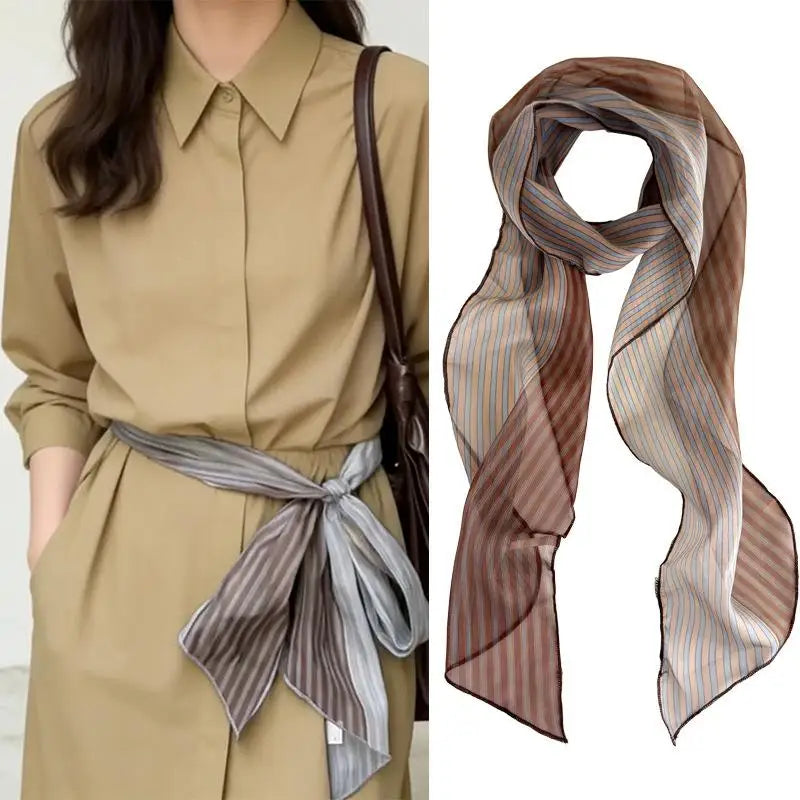 Striped Silk Scarf Women Lightweight Breathable Fashion Neck Head Scarf Daily Office Travel Beach Accessory Office Daily Wear Oasis Select