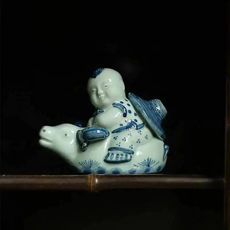 Blue And White Twelve Zodiac Small Decorations Study Calligraphy Water Drops Pot Hand Painted Ceramic Desktop Decorations Oasis Select a Boy Riding a Cow