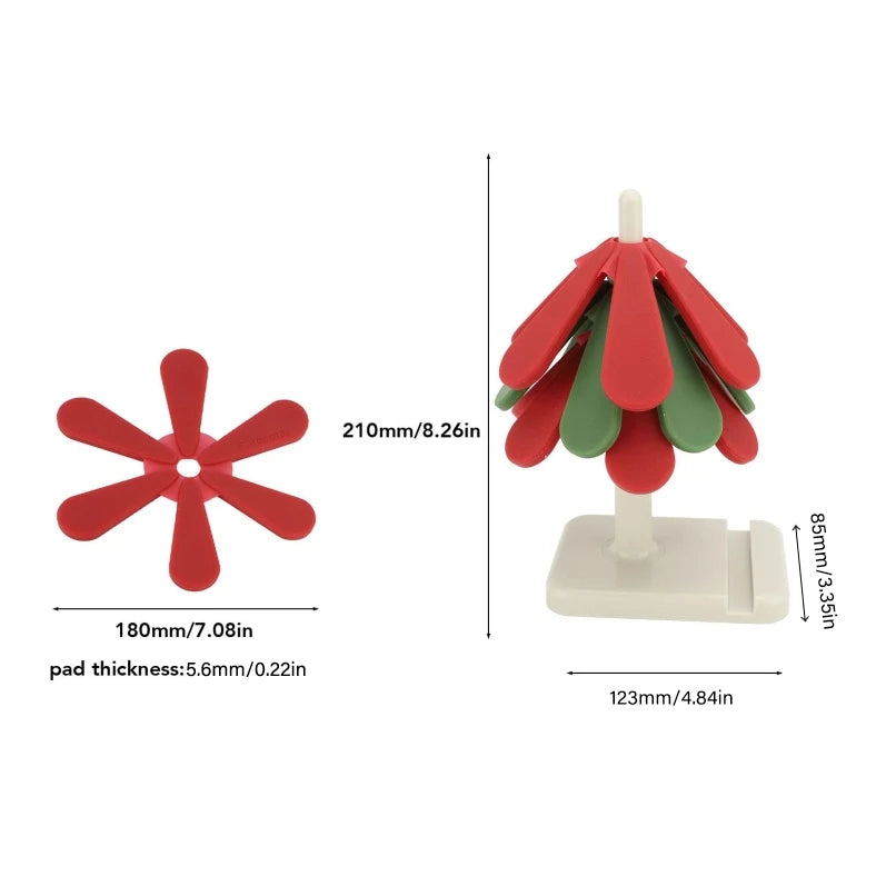 Tree Shape Trivet, Anti Scald Foldable Silicone Trivets for Hot Dishes Heat Resistant Easy to Clean Tree Trivet with 3 Coasters Oasis Select Square 2red 1green L