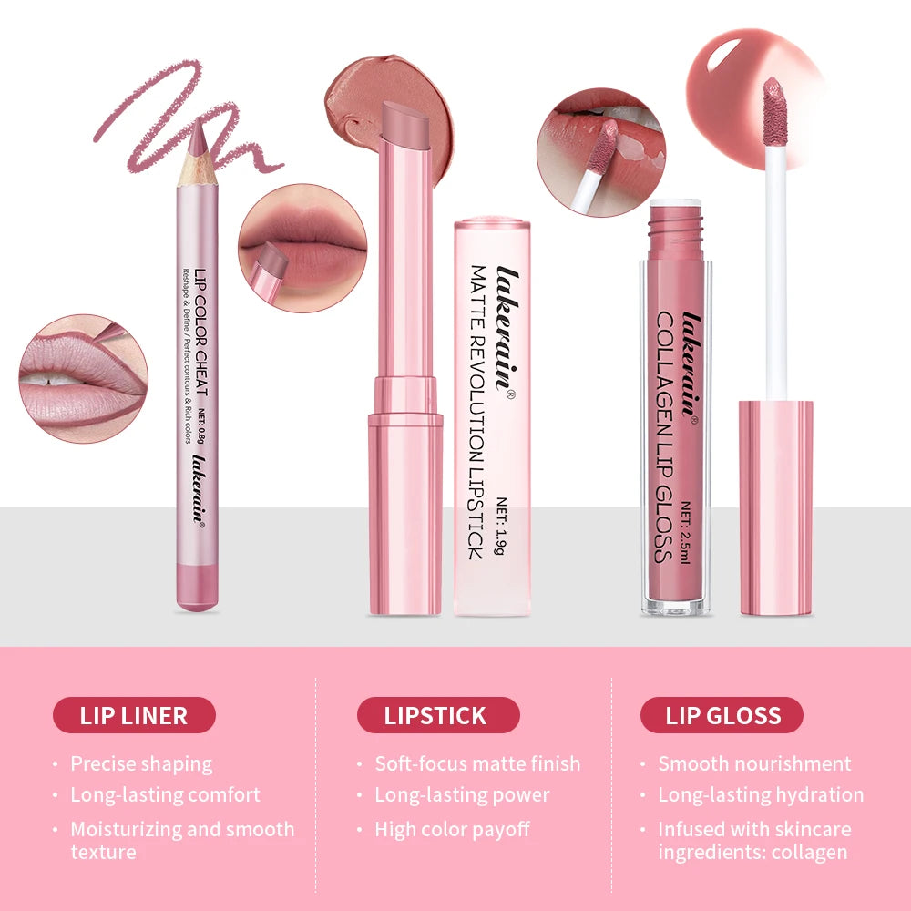 Lipliner&Lipstick Lip Gloss Set 3pcs/set Waterproof Long Lasting Lip Makeup Matte Travel Mini Set Women's Makeup Cosmetics Oasis Select