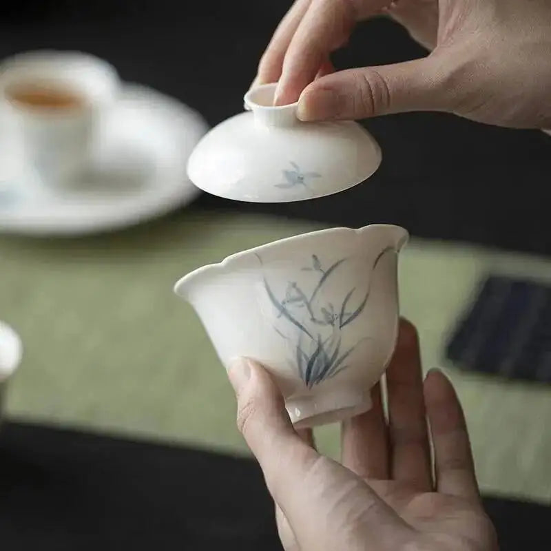 High Foot Flower Mouth Gaiwan Kung Fu Ceramic Hand-painted Blue And White Orchid Tea Bowl Household Oasis Select