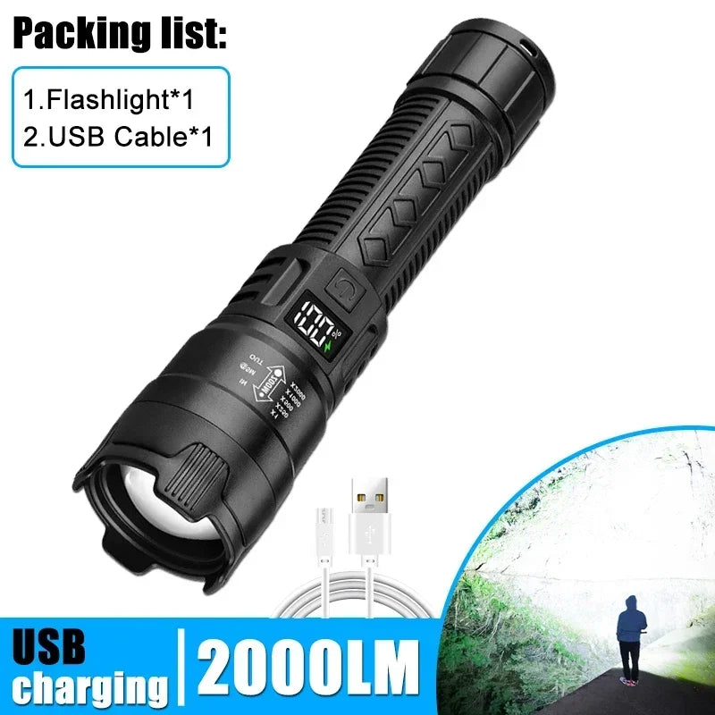 KDULIT High Power Strong Light Flashlight Telescopic Zoom LED Rechargable Tactical Torch Power Display for Camping Emergency Oasis Select 1pc