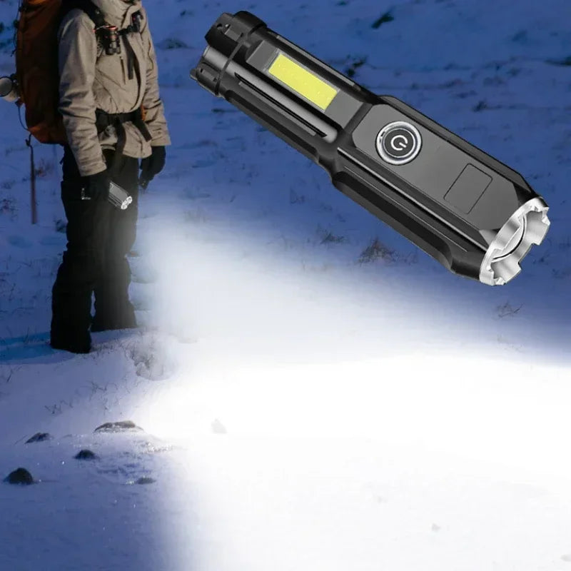 High Power Led Flashlight Super Bright Rechargeable Zoom Torch with COB Side Lights Outdoor Camping Night Fishing Lantern Oasis Select