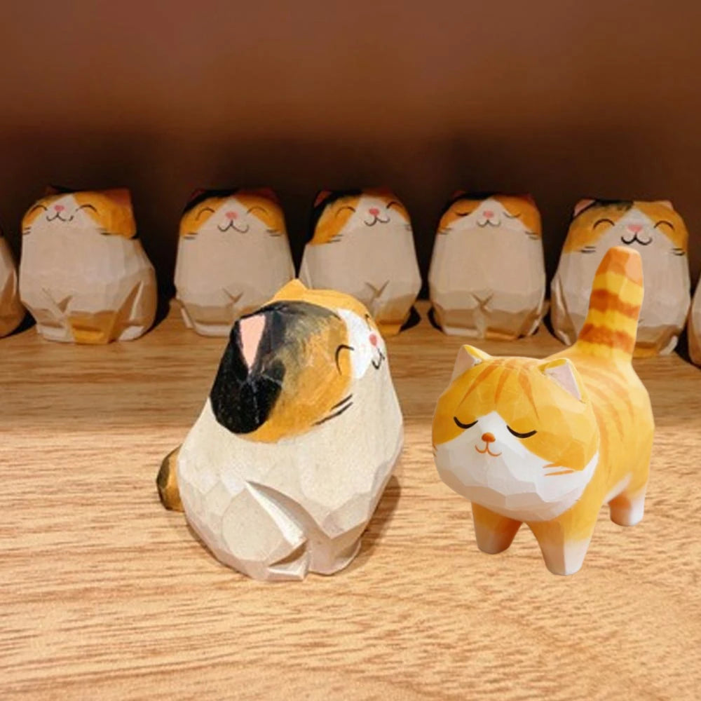 Handmade Wooden Carved Cat Figurine Multi Style Cute Kitten Sculpture Calico Orange Cat Desktop Decor Home Indoor Art Craft Oasis Select
