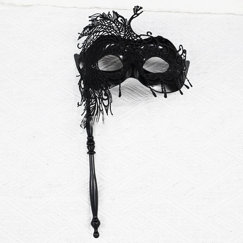 Venetian Masquerade Mask with Holding Stick for Women Feather Mardi Gras Masks Masquerade Ball Masks for Women Oasis Select Black