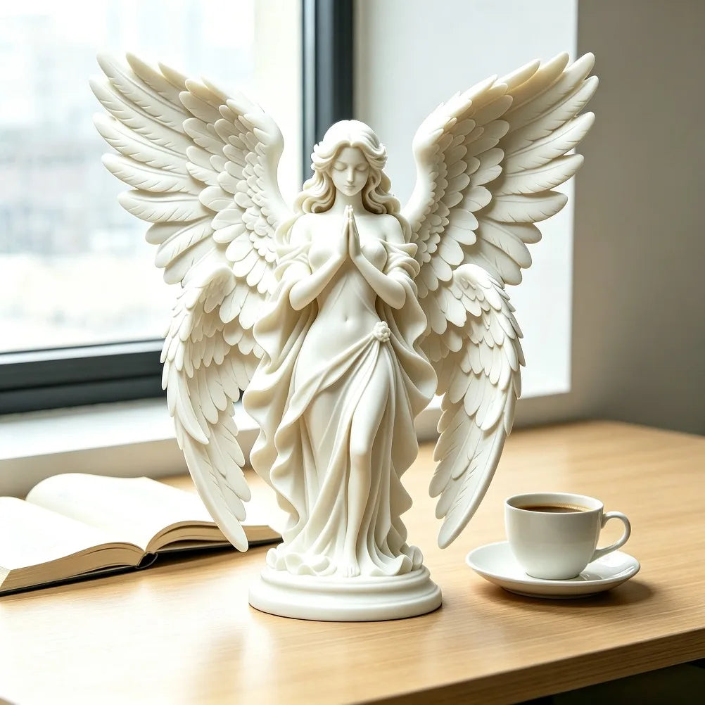 Serene Prayer Winged Guardian Angel Sculpture Matte Neoclassical Faith Statue Calm Tabletop Decor Spiritual Housewarming Present Oasis Select