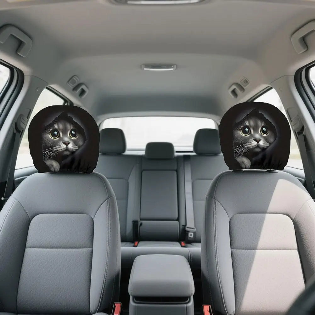 2-Pack Cute Cat Car Headrest Covers – Universal Elastic Fit