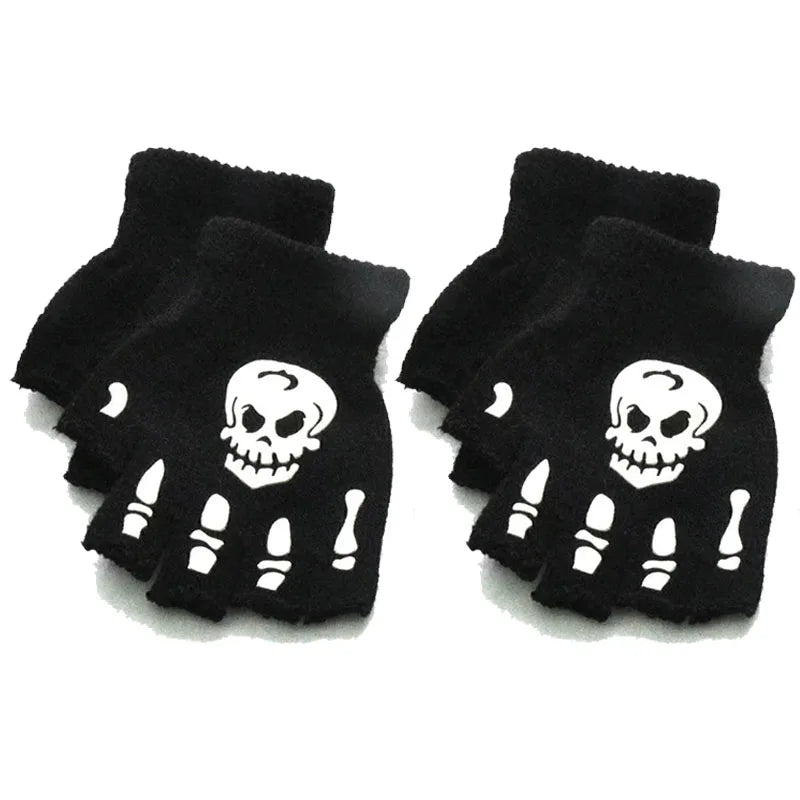 1/3/6Pairs Unisex Adult Halloween Skeleton Skull Half Finger Gloves Glow In The Dark Fingerless Stretch Knitted Winter Mittens Oasis Select 01-2pairs