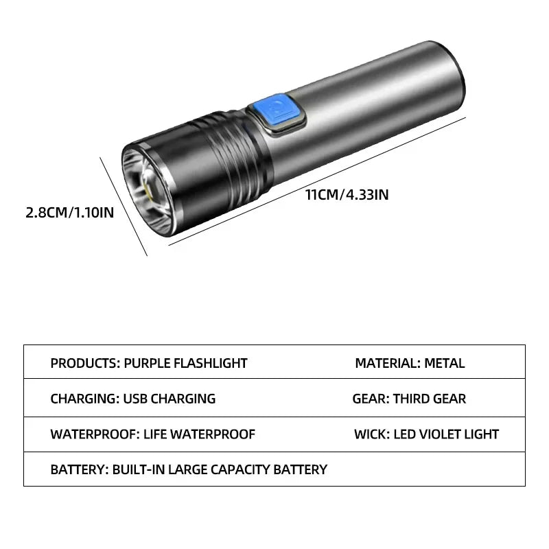 395nm UV Blacklight Flashlight | USB Rechargeable, Waterproof