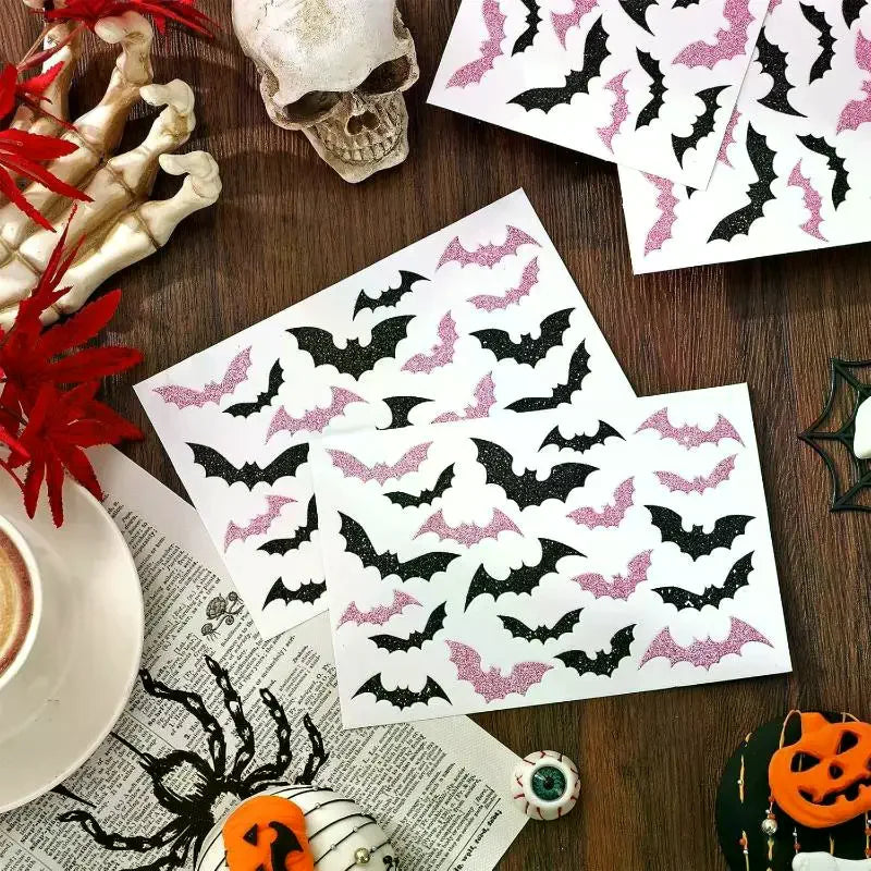 500Pcs/roll Laser Black Bat Waterproof Glitter Self-Adhesive Decals Halloween Bat Stickers For Party Scrap DIY Accessories Oasis Select