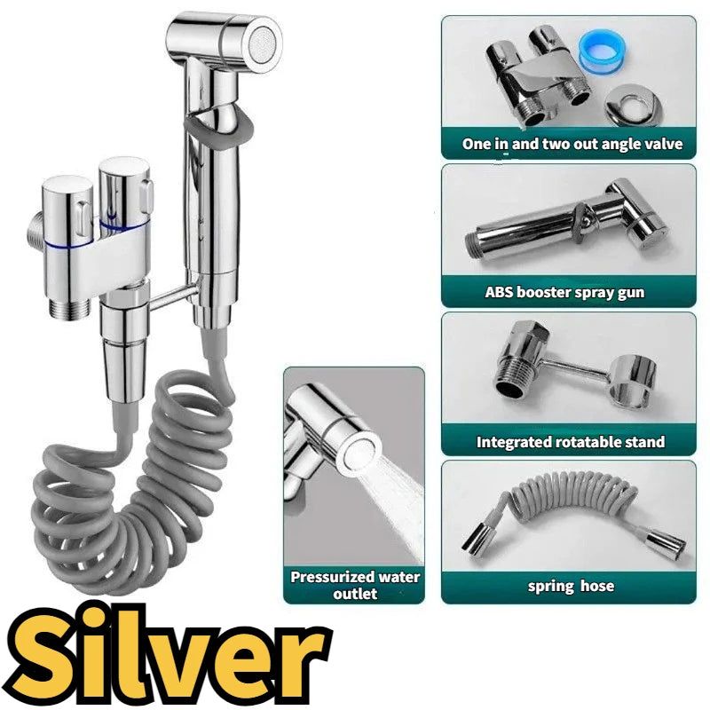 Toilet Cleaning Bidet Toilet Sprayer Set Water Portable Handheld Bidet Sprayer Shower Double Outlet Angle Valve Accessories Oasis Select Silver
