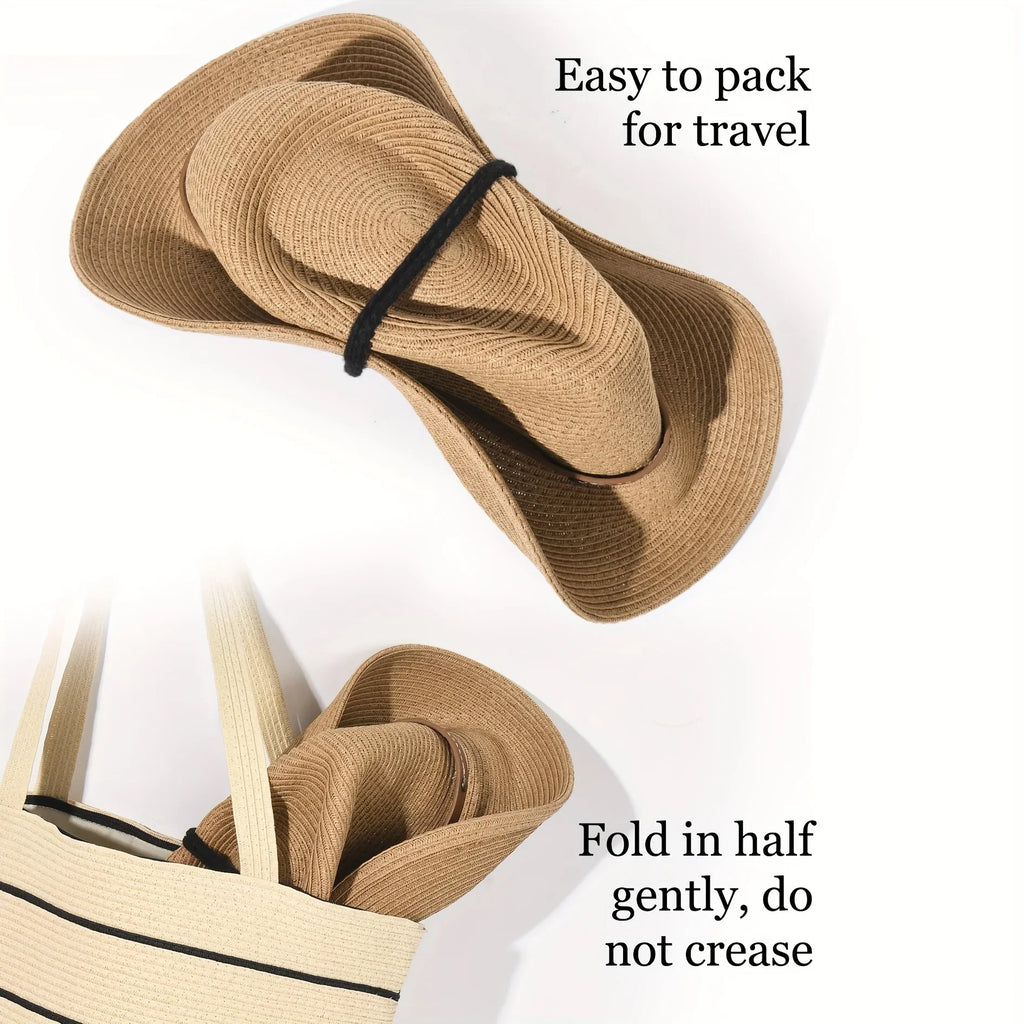 Foldable Unisex Wide Brim Straw Cowboy Hat, Sun Protection Western Cowgirl/Cowboy Hat, Summer Beach Sun Hat With Wind Lanyard Oasis Select