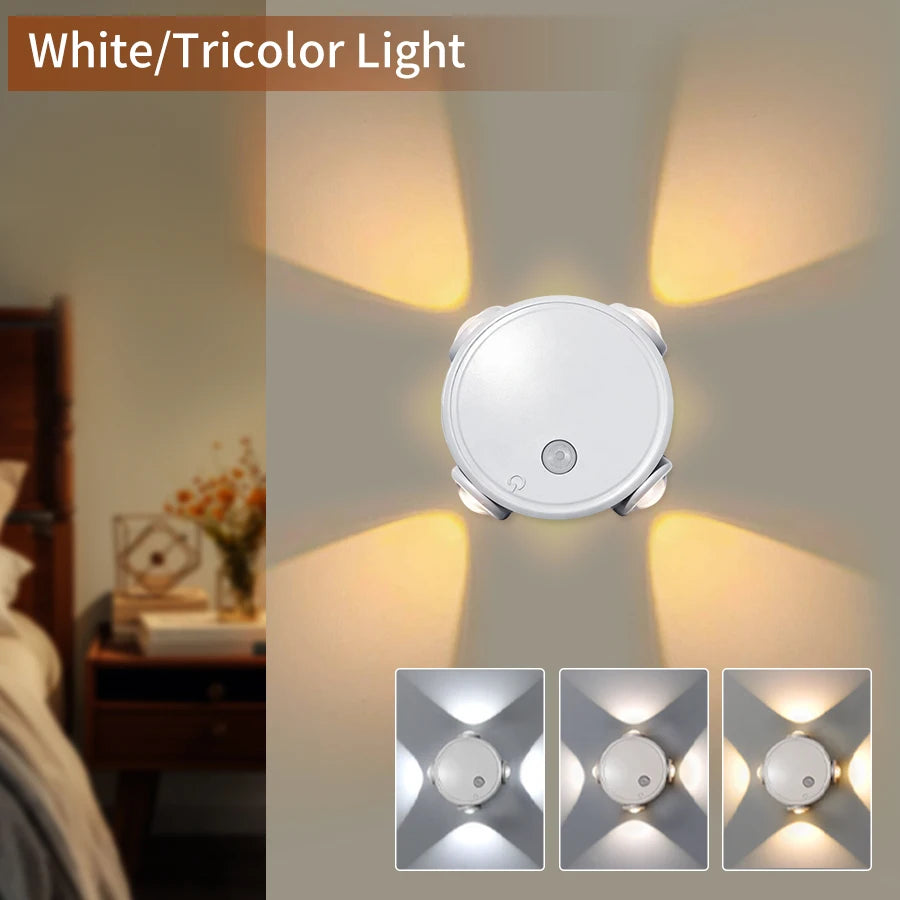 Rechargeable 4 Leds Night Light with Motion Sensor Tricolor RGB Dimmable Wall Lamp Magnetic Mood Ambient Light for Hallway Stair Oasis Select 3 Color No Remote White