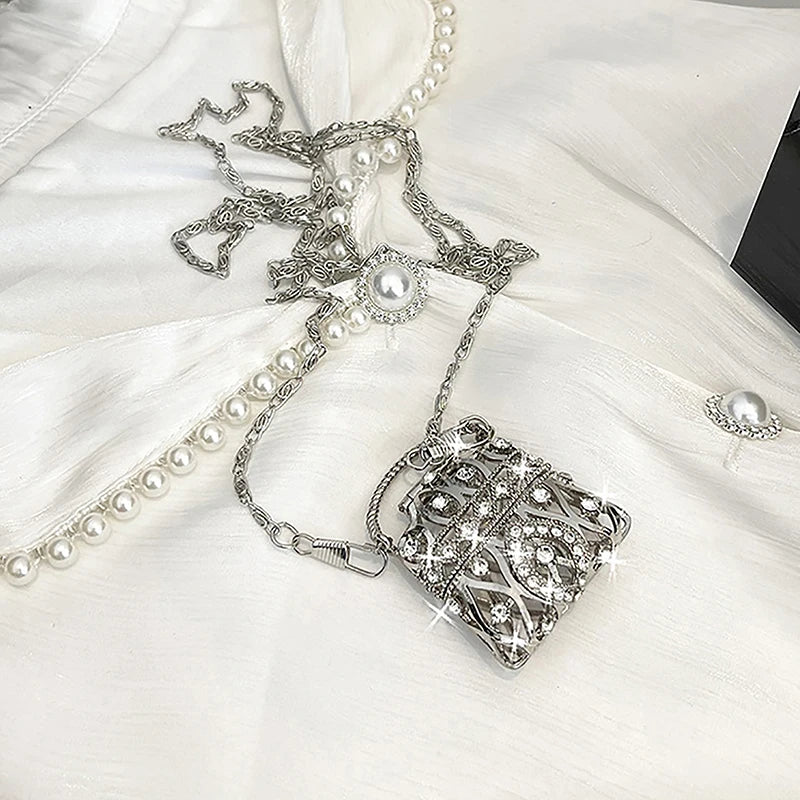 Gold Silver Rhinestone Mini Bag Women's Single Shoulder Crossbody Chain Bag Handbag Body Decoration Metal Hollow Shell Bag Oasis Select Silver