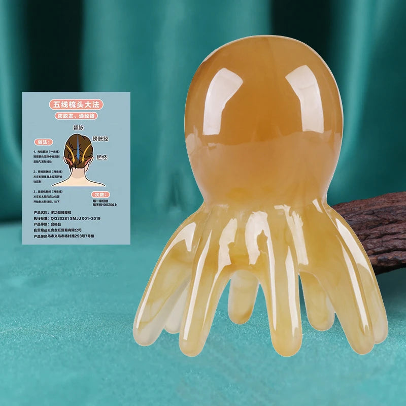 Resin Octopus Massage Comb Head Meridian Scraping Scalp Massage Brush Acupuncture Gua Sha Massage Comb Fatigue Relief Massage Oasis Select Brown 1