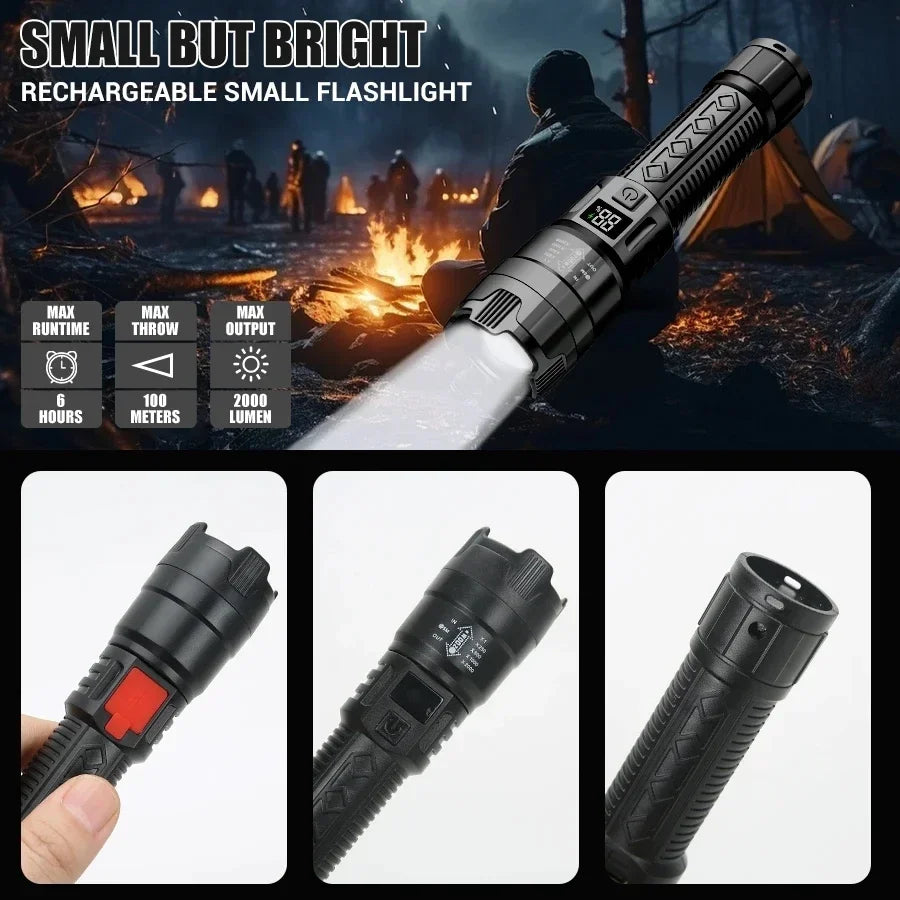 High Strong Power Led Flashlights 2000LM Tactical Torch with Display Light USB Charging Camping Fishing Emergency Zoom Lantern Oasis Select