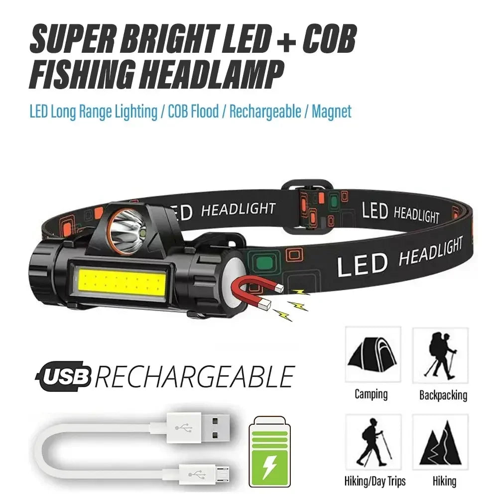 Rechargeable Fishing LED Headlamp Camping Headlight XPE COB Work Light 2 Lighting Modes With Tail Magnet Detachable Oasis Select