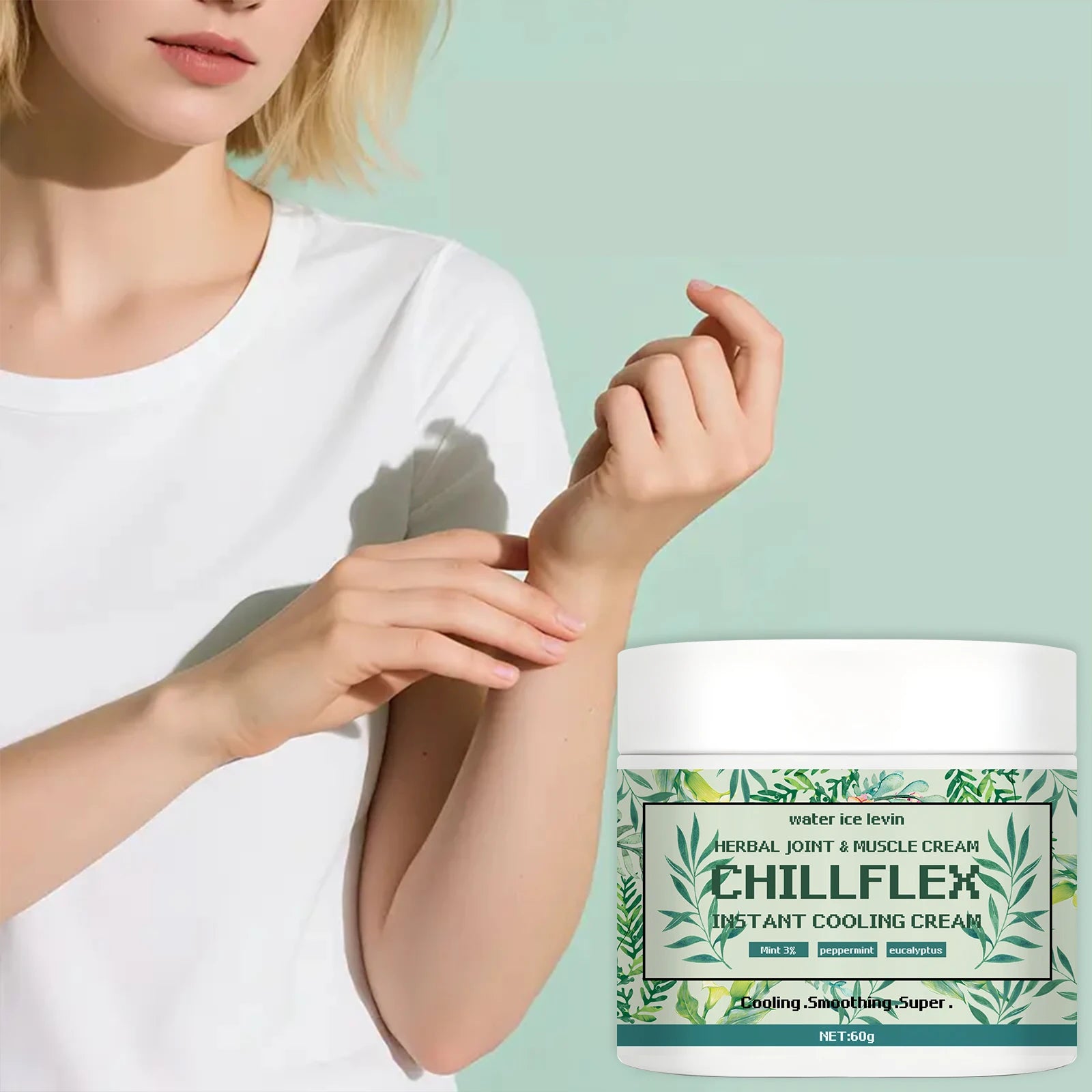 Water Ice Levin CHILLFLEH Cream: Instant Cooling Herbal Relief with Mint & Eucalyptus for Joints & Muscles. 60g. Oasis Select