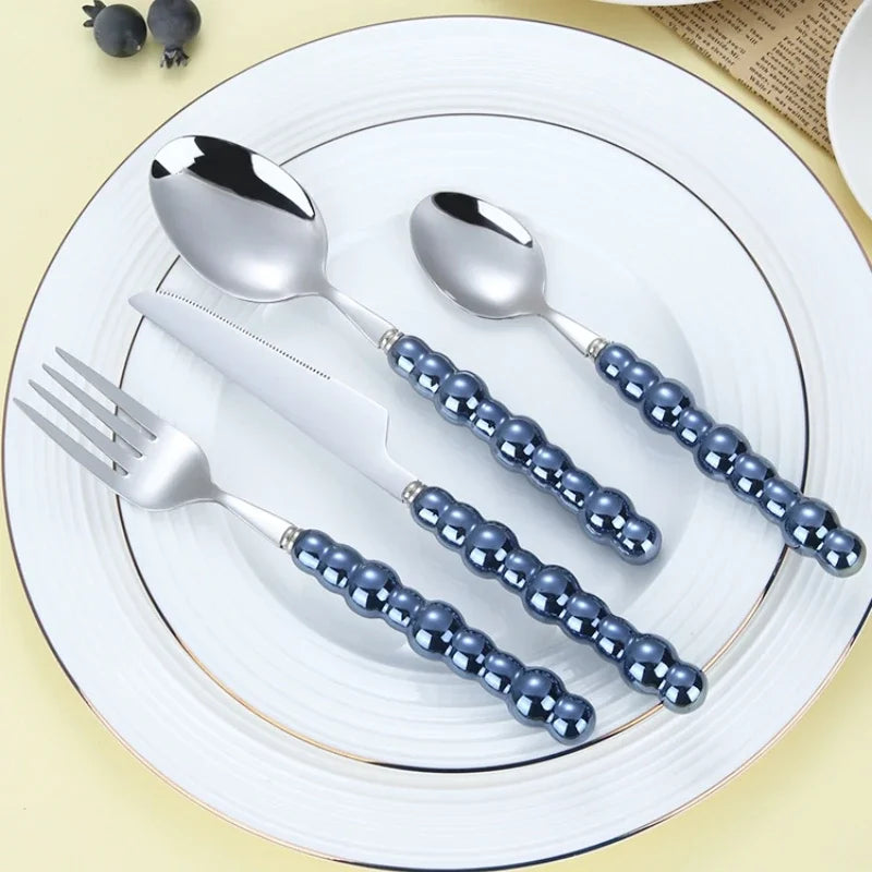 4Pcs/Set Luxury Dinnerware Stainless Steel Spoon and Fork Ceramic Pearl Handle Western Silver Cutlery High-looking Tableware Oasis Select