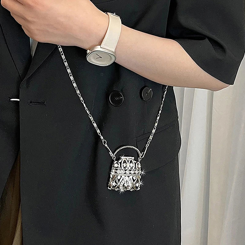 Gold Silver Rhinestone Mini Bag Women's Single Shoulder Crossbody Chain Bag Handbag Body Decoration Metal Hollow Shell Bag Oasis Select