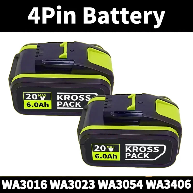 WORX 20V High-Capacity Li-Ion Rechargeable Battery 6.0Ah/8.0Ah Compatible with WA3551 WA3551.1 WA3553 WA3641 WX373 WX390 Tools Oasis Select B-4Pin-6.0Ah (2pcs)