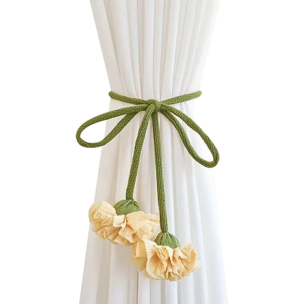 Elastic Band Curtain Tieback No Punching Adjustable Window Curtain Buckles Flower Shape Tassels Curtain Rope Holders Living Room Oasis Select Yellow