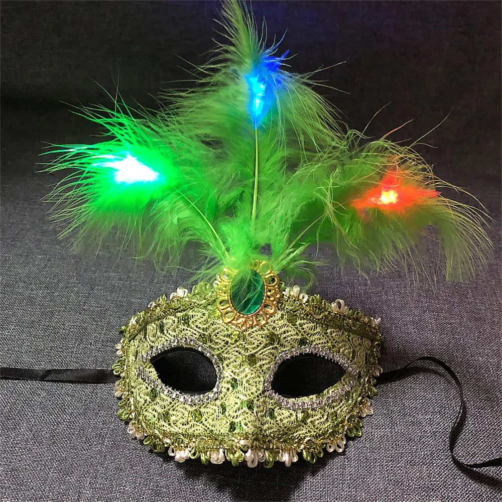 Women LED Party Mask Masquerade Luxury Peacock Feathers Half Face Mask Cosplay Costume Venetian Mask Oasis Select Green
