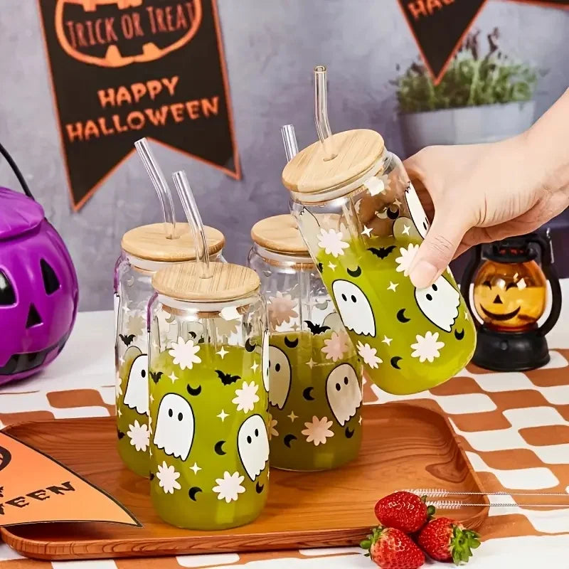 Halloween Drinking Cup with Lid and Straw 18.7oz/550ml Canned Glass Cup Cute Kawaii Coffee Cup Juice Water Cup Milk Oasis Select