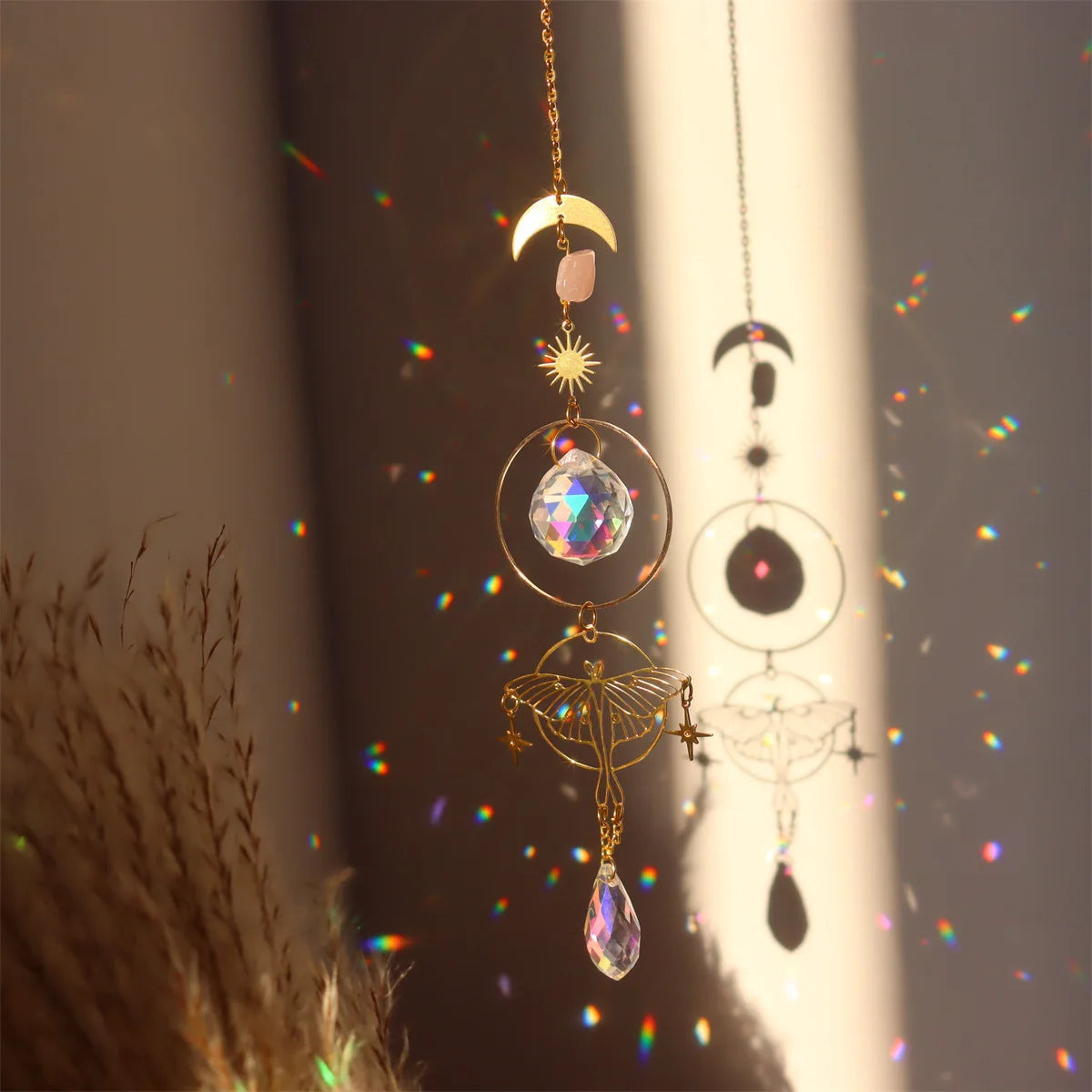 Brass Butterfly Moth Crystal Sun Catcher Pink Crystal Rough Window Room Garden Decor Hanging Ornament New Oasis Select 3