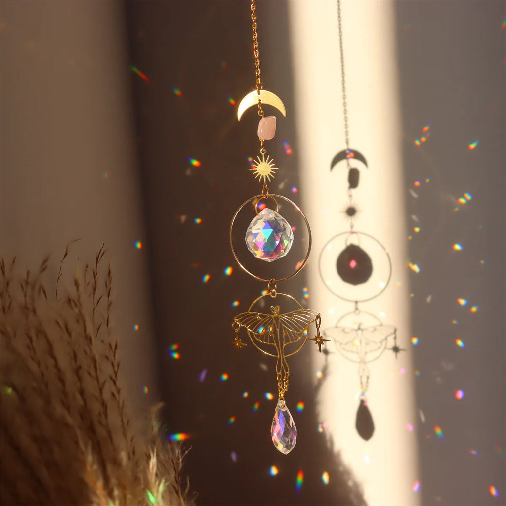 Brass Butterfly Moth Crystal Sun Catcher Pink Crystal Rough Window Room Garden Decor Hanging Ornament New Oasis Select 3
