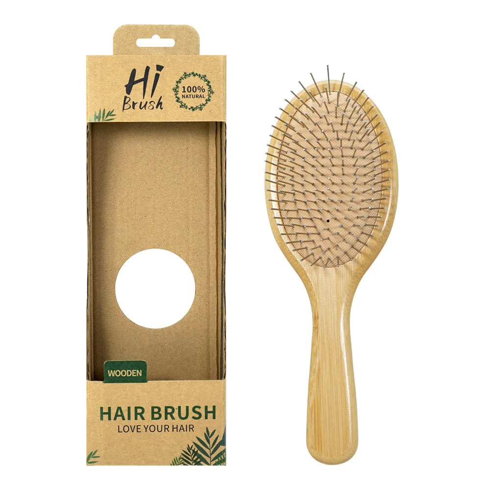 Bamboo Handle Hair Brush Steel Needle Teeth Scalp Massage Detangling Brush for Daily Hair Care Oasis Select TZ-861-3H-HZ