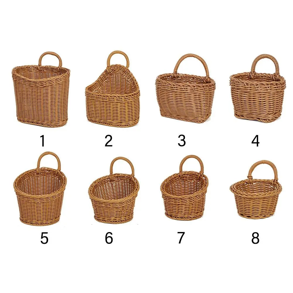 Imitation Rattan Kitchen Storage Basket with Handle Brown Hand-woven Hanging Baskets Home Decoration Living Room Oasis Select