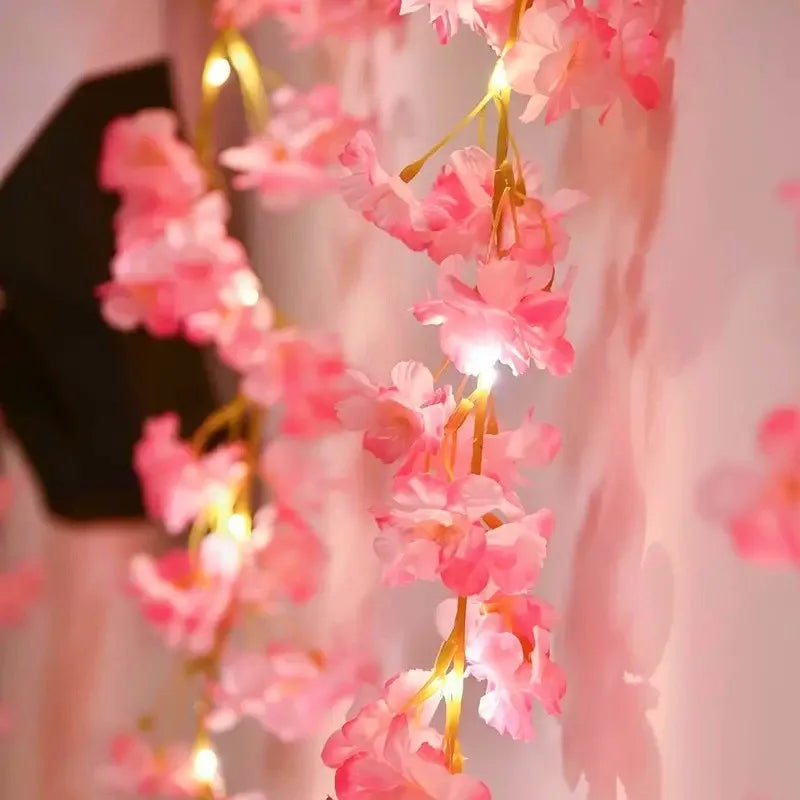 Solar LED Light String - Simulated Climbing Ivy & Cherry Blossom, Rattan Style Copper Wire Lights for Courtyard Decor Oasis Select Pink cherry blossoms 10M100lightUSBBatter