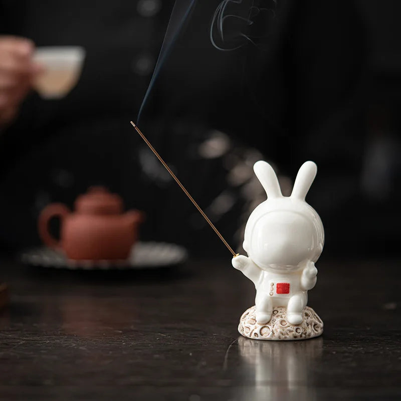 Ceramic Cute Space Rabbit Aromatherapy Burner Ornament for Home Indoor Tea Pet Jade Rabbit Incense Burner Incense Oasis Select