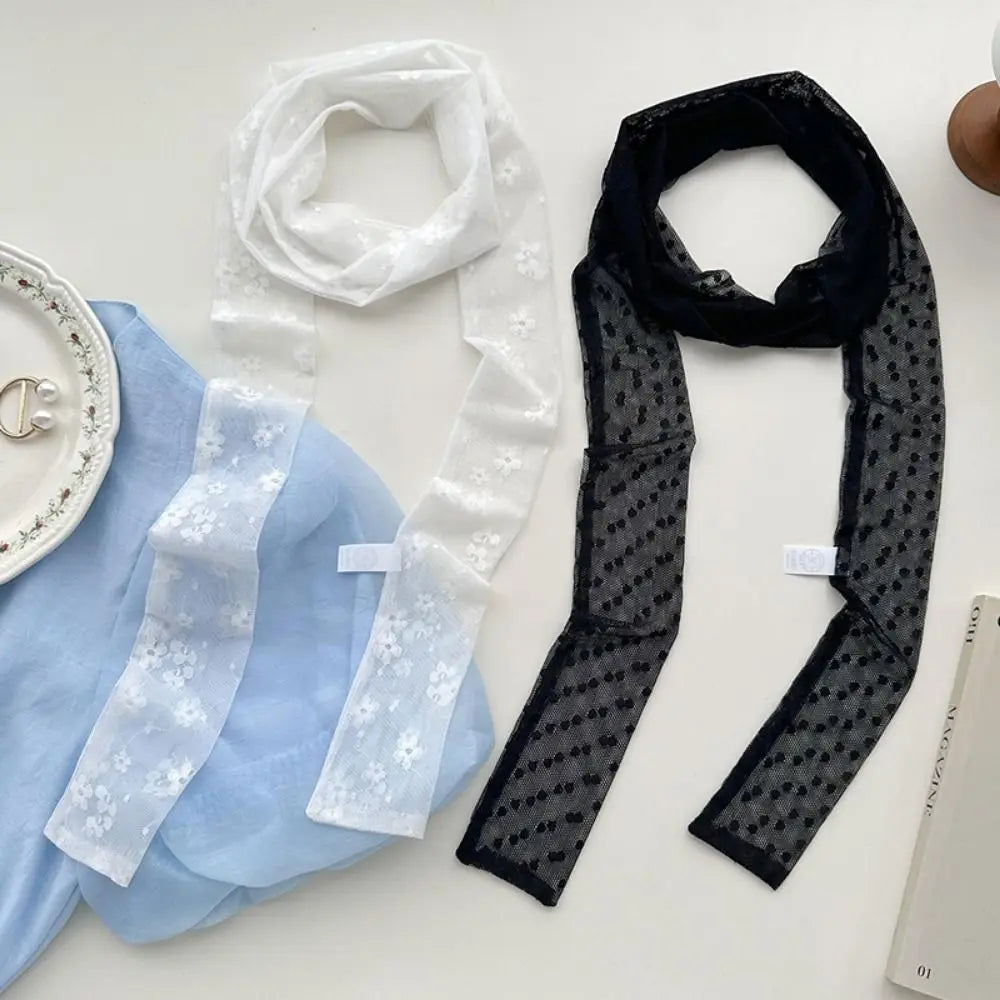 French Style Lace Long Scarf Dots Flower Elegent Hair Band Neckerchief Multi-functional Dressing Decoration Neck Strap Women Oasis Select