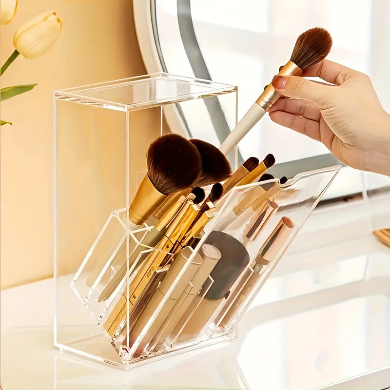 Clear Acrylic Makeup Brush Organizer Holder With Lid Cosmetic Storage Box For Vanity Tabletop Desk Display Produce Clothes Oasis Select