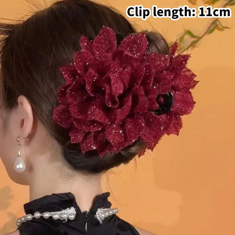 Fashion Black Mesh Flower Hair Clip For Women Shark Ponytail Claw Headdress Temperament Hair Accessories Oasis Select Wine red 11CM