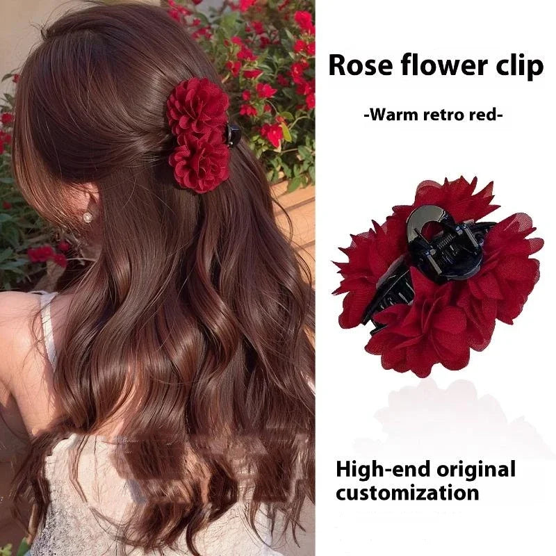 1pc New High-Quality Rose Flower Elegant Petal Claw Clip Light Luxury Fashion Shark Clip Claw Clip Exotic Hair Clip Oasis Select