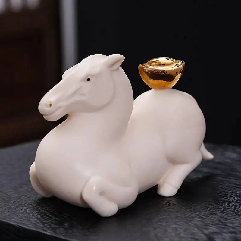 Jade Yellow Porcelain Tea Pet Ornament Horse Zodiac Lucky Charm Cute Horse Tea Paly Чаепитие Oasis Select