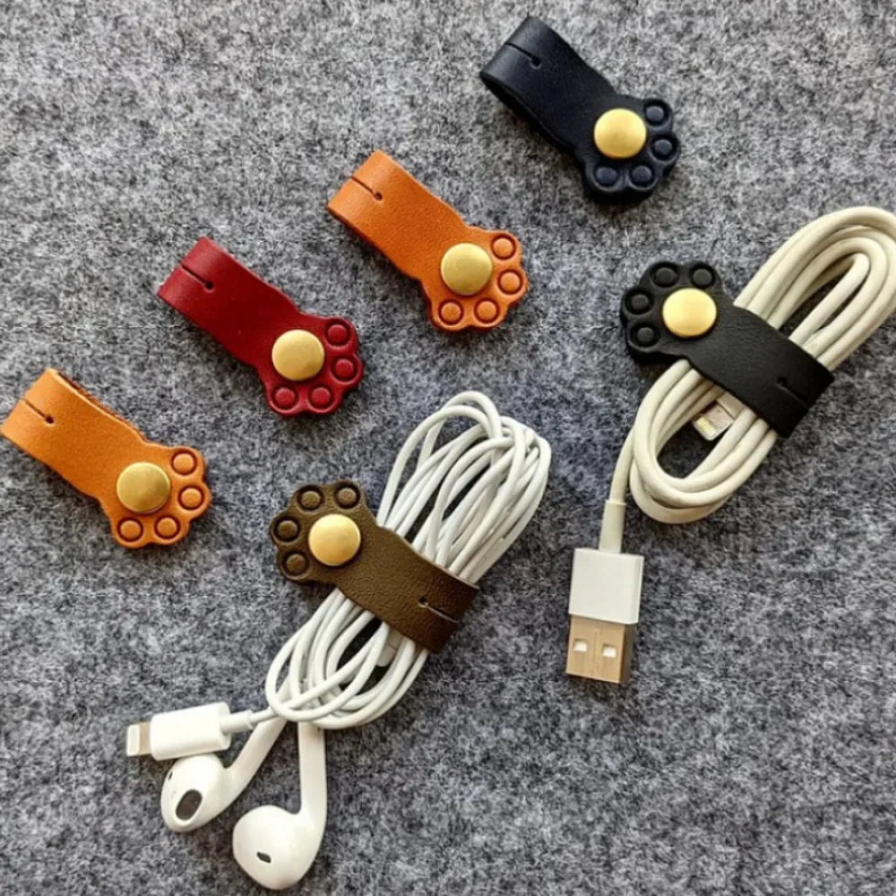 Earphone Cord Organizer Cute Animal Leather Cable Winder Cable Protector Clip Anti Loss Wire Ties Cat Claw Shape Oasis Select