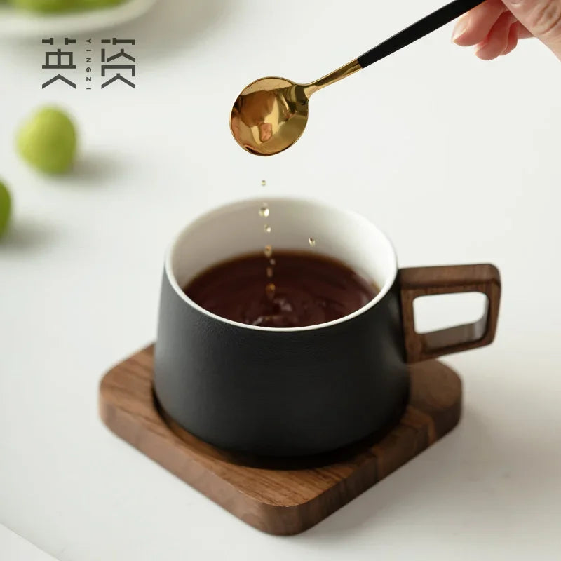 Coffee Cup Solid Wood Coaster Set Ceramic High-grade Exquisite Household Drinking Mug Milk Cup Oasis Select