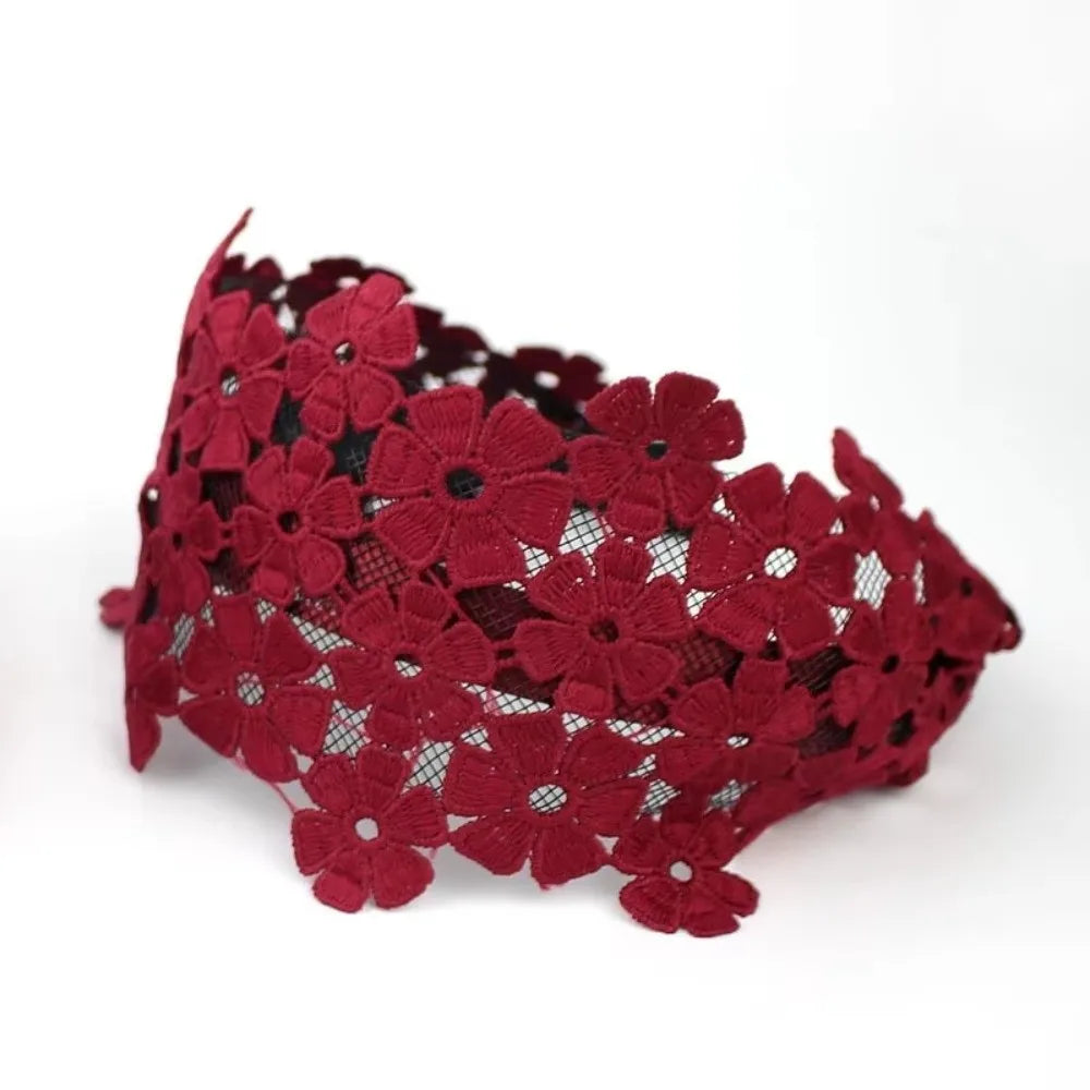 Fashion Embroidery Flower Lace Headband Anti-Slip Wide Edge Hair Hoop Handmade Hair Band Hair Accessories Oasis Select Wine Red