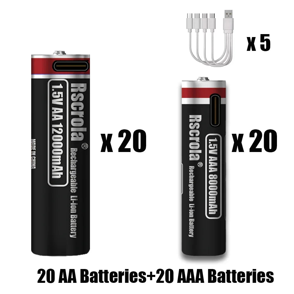 1.5V Li-ion Type-C Rechargeable AA Battery 12000mAh /AAA Battery 8000mAh High Capacity, for Camera/ Mouse/Xbox Controller/Toys Oasis Select 20AA 20AAA 1.5V