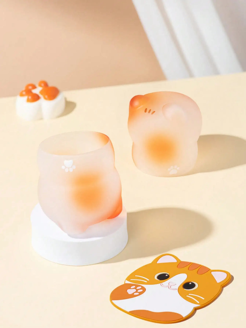Cat Coffee Cup set Cute Glass Mug with Cat Coaster Gift Box Kitchen Dining Table Decoration Juice Coffee Beverage party Cup Gift Oasis Select cat yellow