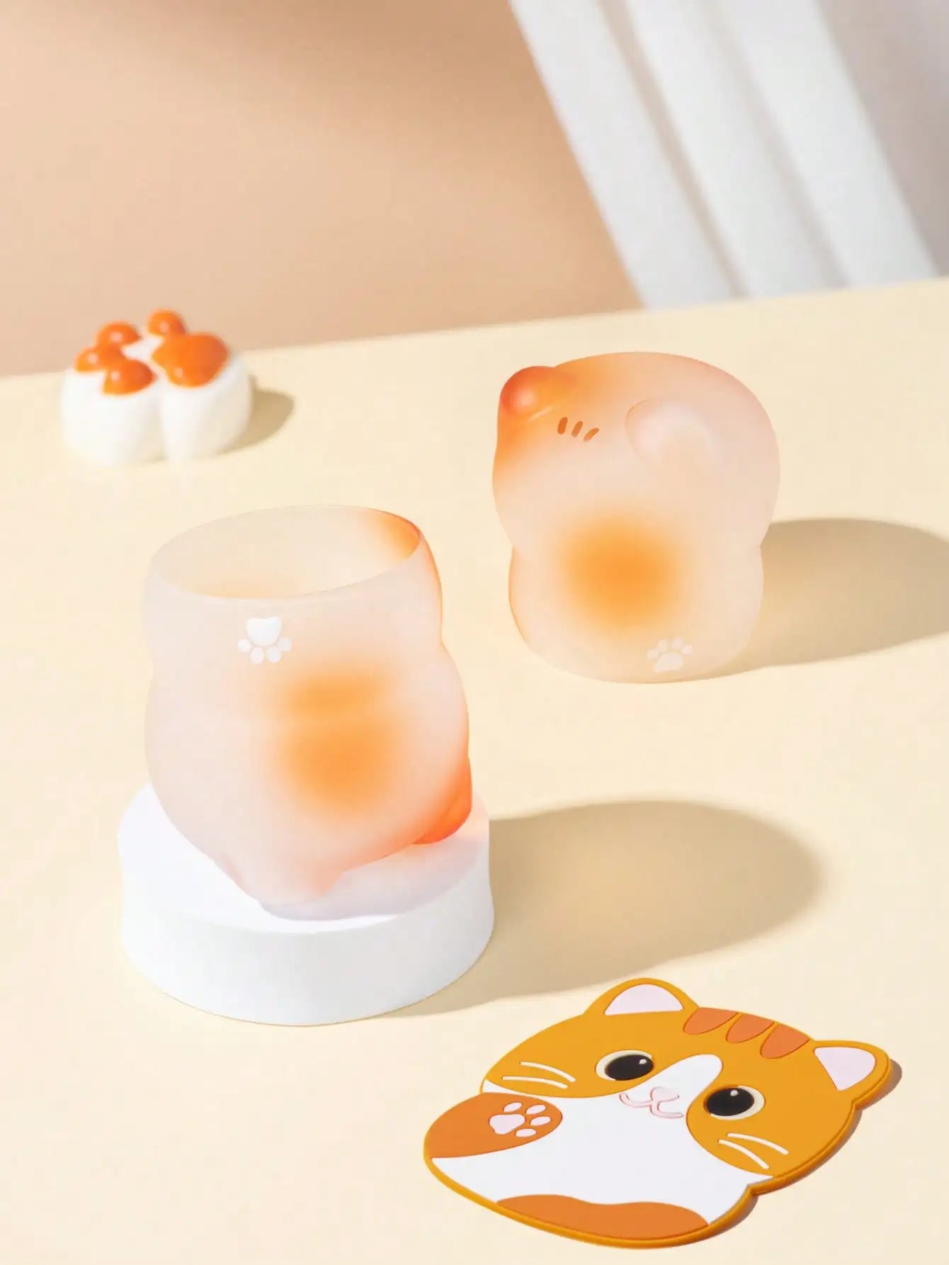 Cat Coffee Cup set Cute Glass Mug with Cat Coaster Gift Box Kitchen Dining Table Decoration Juice Coffee Beverage party Cup Gift Oasis Select cat yellow