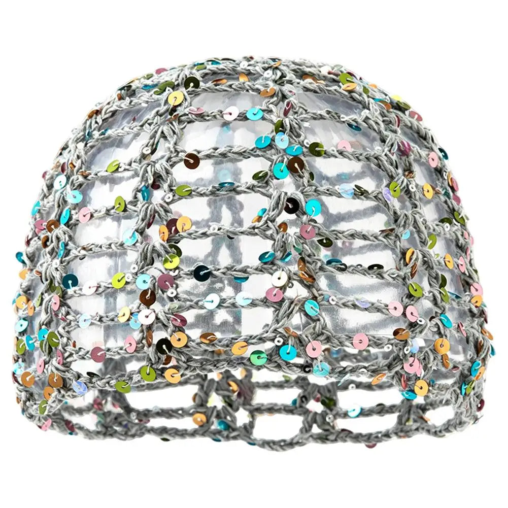 Y2K Sequined Crochet Beanie – Fishnet Pullover Hat for Women