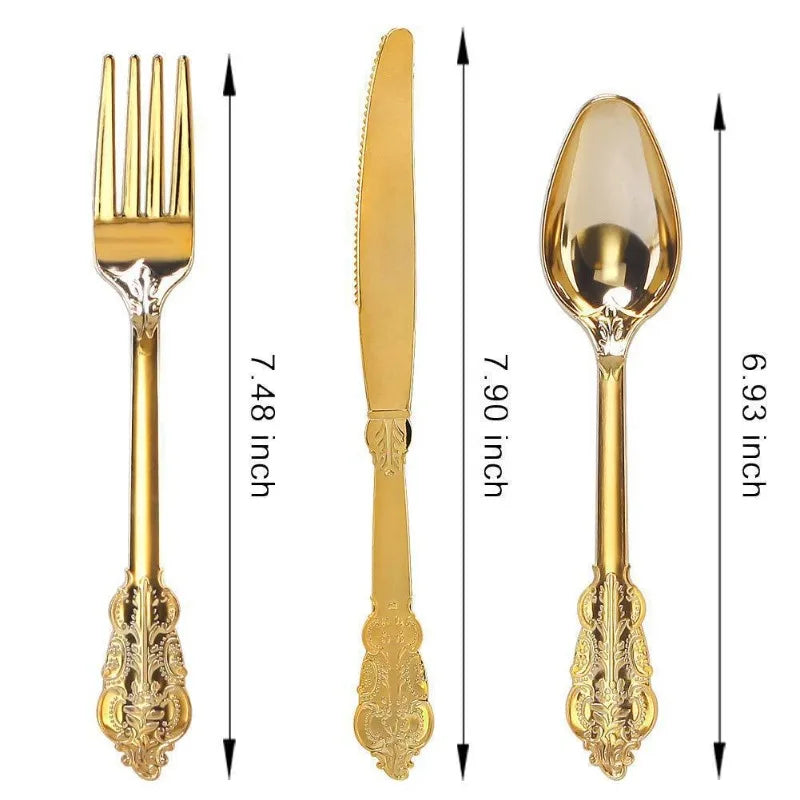 Golden 90pcs Embossed Vintage Plastic Cutlery Set, Dual-Use Knife Fork Spoon Utensils Disposable Cutlery Used for Parties Oasis Select