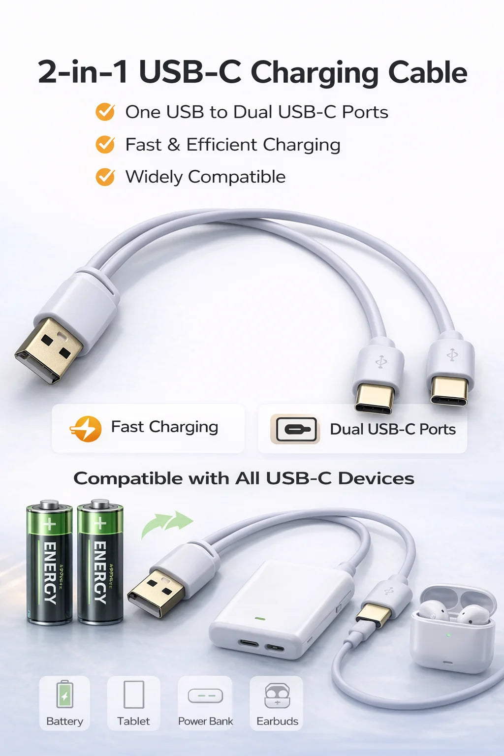 2 in 1 USB-C Charging Cable For Battery And other device Oasis Select