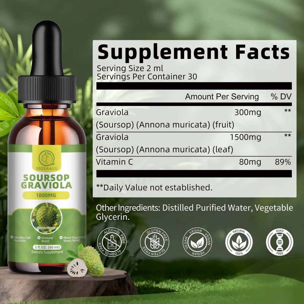 BBEEAAUU 60ml Natural Soursop Graviola Extract Drops Support Immunity and Kidney Health, Detox and Antioxidation Gluten-Free Oasis Select
