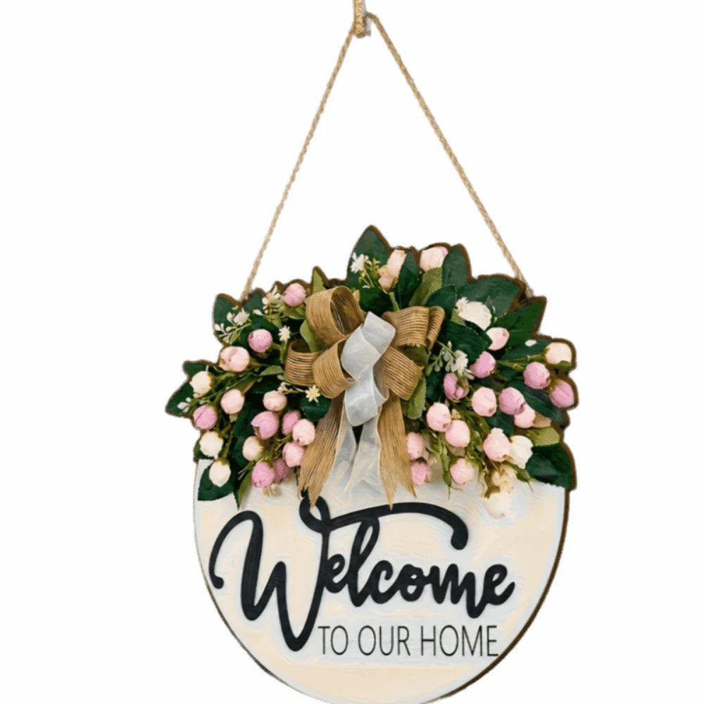 Creative 2D Flat Welcome Sign Wooden Bow Knot Hanging Decoration Flower Round Shape Wall Art Porch Decor Oasis Select Style B